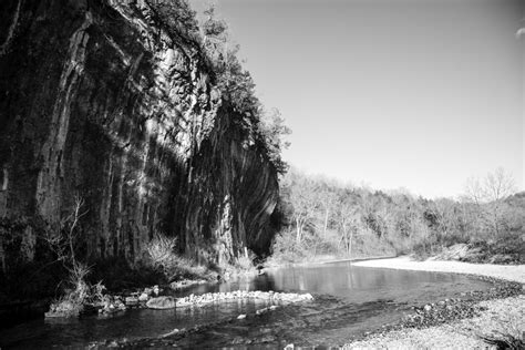 Monochrome Photo Of Current River And Cliff At Echo Bluff State Park