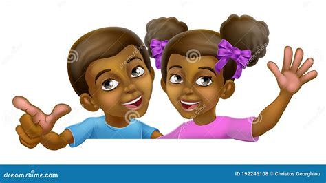Black Girl And Boy Cartoon Children Kids Sign Stock Vector