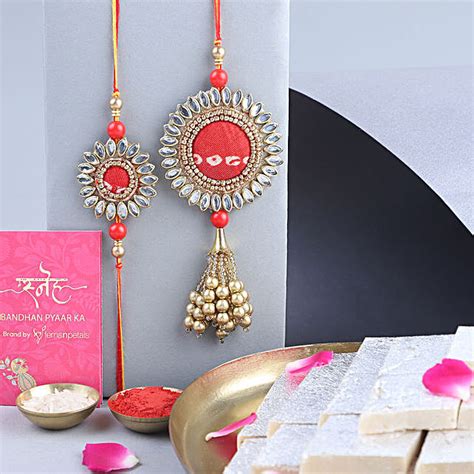Buy Send Sneh Bandhani Bhaiya Bhabhi Rakhi With Kaju Katli Online Fnp