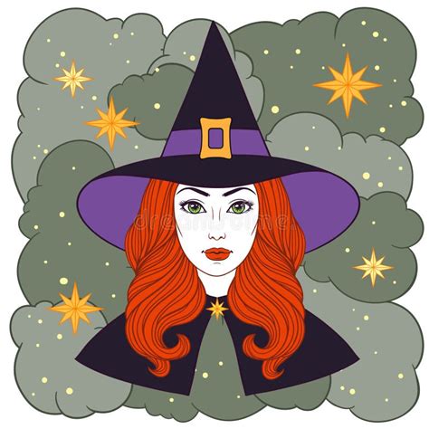 beautiful witch in hat vintage halloween vector black and white linen illustration stock vector