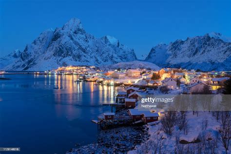 Winter Landscape Of Reine Village At Night Lofoten Islands Norway High