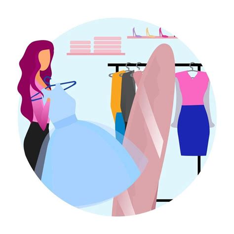 Mujer Probándose Vestido Icono De Concepto Plano Chica Eligiendo Ropa En El Centro Comercial