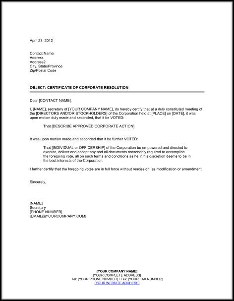 Corporate Resolution Template Signing Authority Template 1 Resume