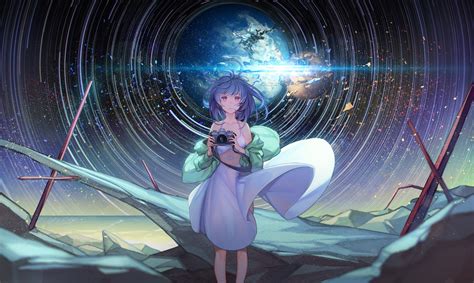 Anime Girls Original Characters Camera Blue Hair Pink Eyes Stars Dress Sky Wallpapers Hd