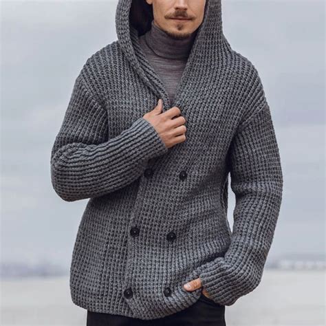 Casual Knitted Ribbed Buttoned Men Hooded Cardigan In 2020 Casual