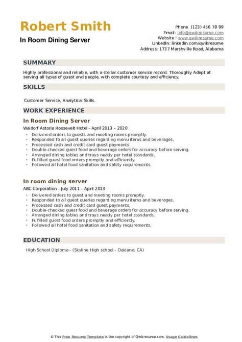 Presents ordered choices in a prompt and efficient manner. In Room Dining Server Resume Samples | QwikResume