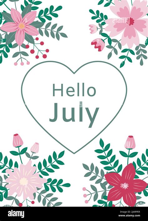 Hello July Greeting Card With Floral Ornament On White Background