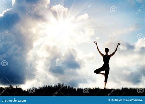 Yoga Meditation Woman Stand With Raised Arms Nature Sun Sky Royalty