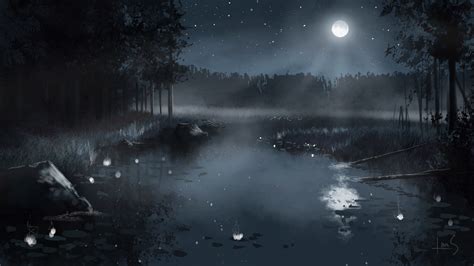 Picture Nature Pond Moon Night Time Painting Art 3840x2160