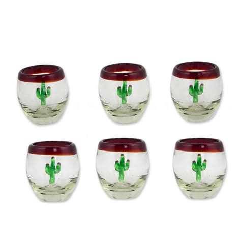 Set Of 6 Red Rim Round Shot Glasses With Cactus Inside Cactus Flower In Red Novica