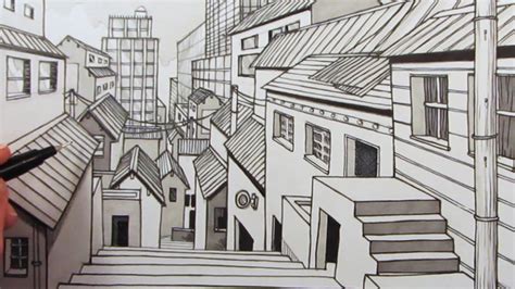 One Point Perspective Drawing Buildings