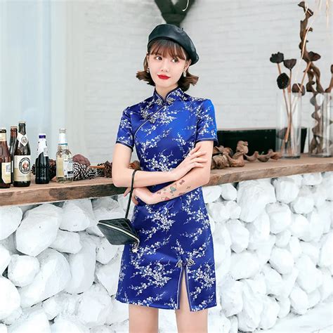 navy blue satin qipao summer lady traditional chinese style cheongsam dresses women mandarin