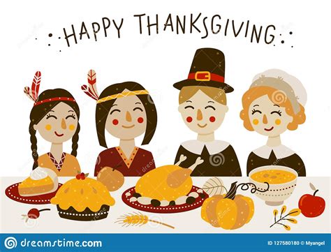Thanksgiving Pilgrims With Blank Banner Vector Illustration