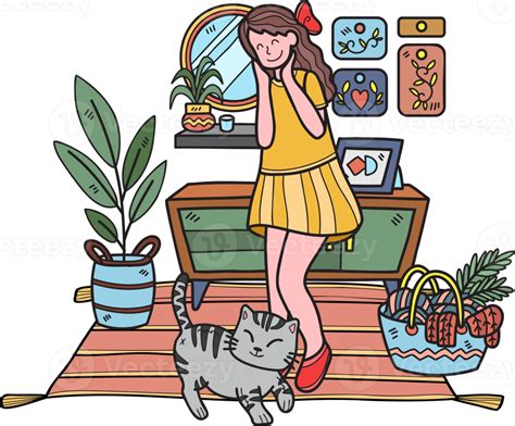Hand Drawn The Cat Begs Its Owner In The Living Room Illustration In Doodle Style 18716259 Png