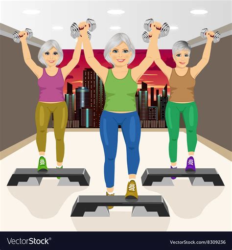 Three Senior Women Doing Aerobic Exercises At Gym Vector Image
