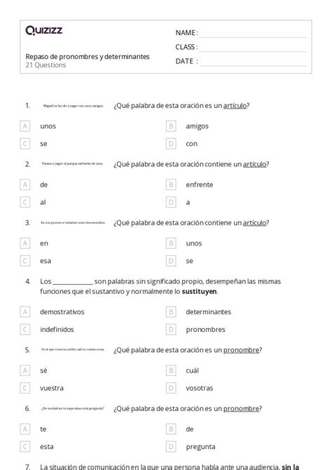 50 Pronombres Indefinidos Hojas De Trabajo Para Grado 7 En Quizizz