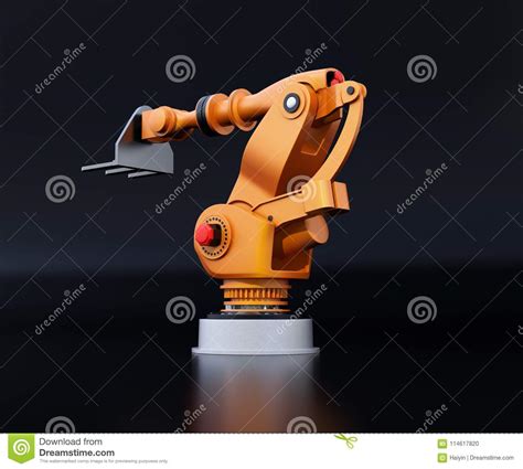 Rear View Of Orange Heavyweight Robotic Arm On Black Background Stock