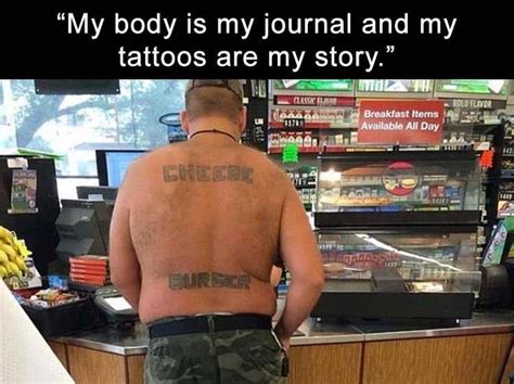 A Man Standing In Front Of A Store Counter With Tattoos On His Back And