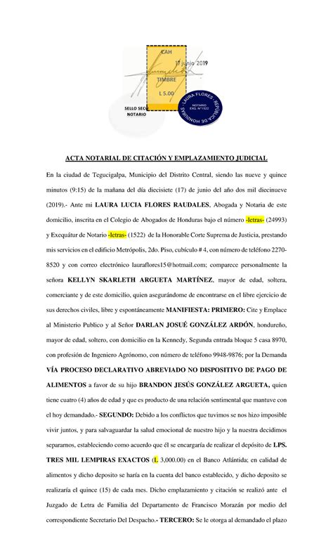 Ejemplo De Acta 1 Derecho Notarial Cah Timbre L 5 17 Junio 2019