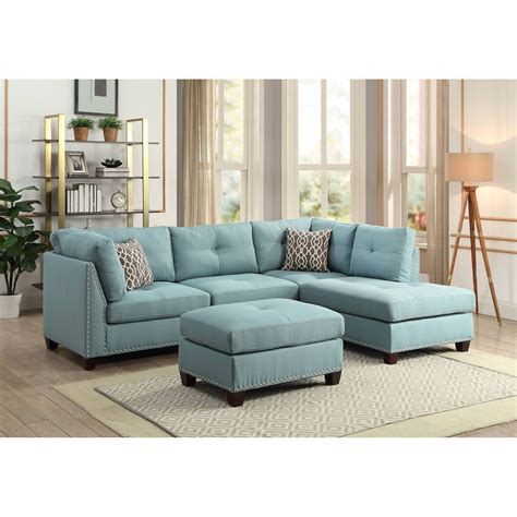 Acme Laurissa L Shape Sectional Sofa With Ottoman In Green Linen