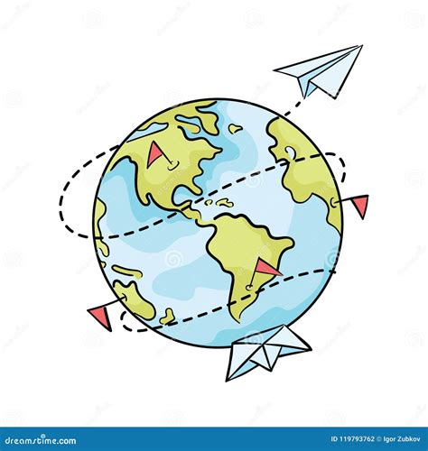 Cartoon Planet With Paper Ships And Airplanes Illustration Of Travel