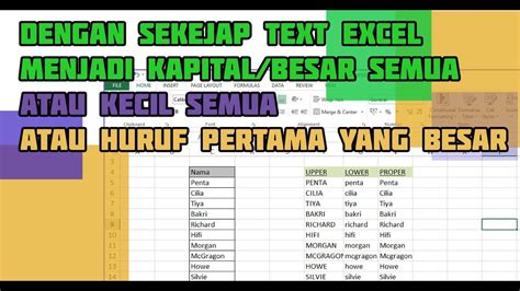 Cara Membuat Huruf Kapital Semua Kecil Semua Atau Huruf Pertama Menjadi Kapital Di Excel Youtube