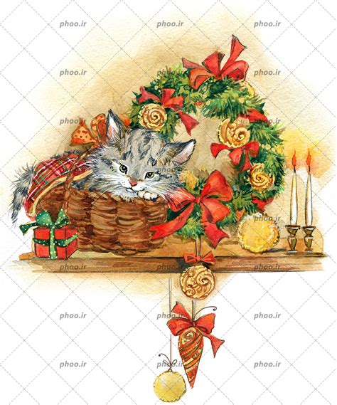 عکس زیبا نقاشی شده و کارتونی از گربه خاکستری در سبد در کریسمس عکس با کیفیت و تصاویر استوک حرفه ای