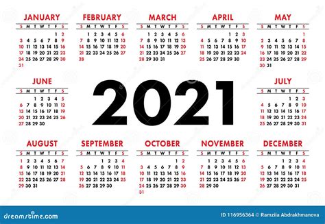 Calendar 2021 Vector Basic Grid Simple Design Template Stock