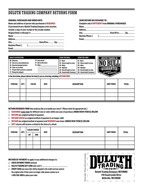 Duluth Trading Returns Fill Online Printable Fillable Blank