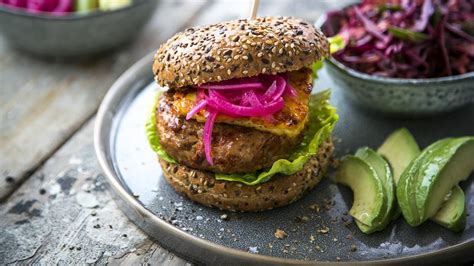 Chorizo Chicken Burgers With Quick Pickle Onions Haloumi And Red