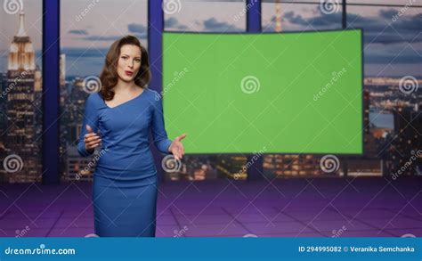 Woman Host Presenting Newscast Standing Tv Stage Green Screen Female