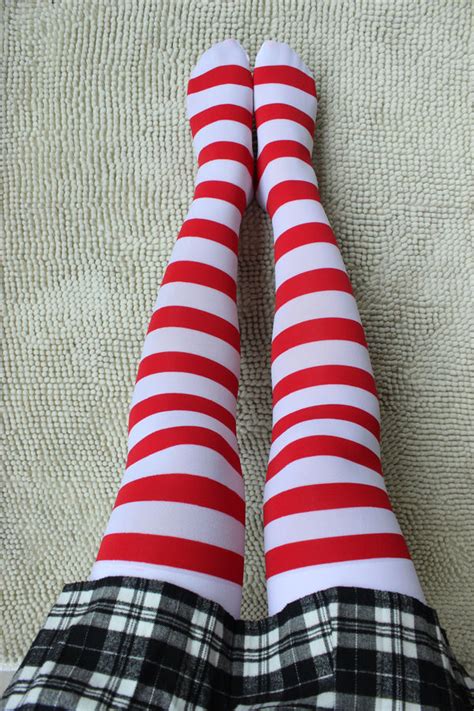 Striped Kawaii Thigh High Stockings Red White Cosplay Stockings Thigh High Stockings Thigh