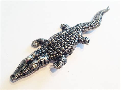 1980 S Large Antiqued Silver Tone Crocodile Brooch Set With Swarovski Crystals By