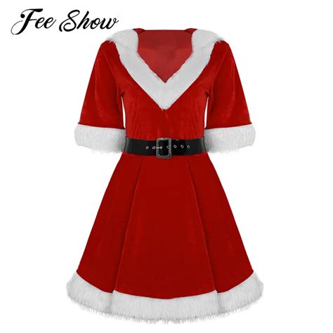 Buy Women Velvet V Neck Hooded Christmas Dress Winter Santa Mrs Claus Costume