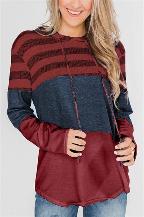 stripe color block drawstring hooded pullover casual stripes long sleeve hoodie straight clothes