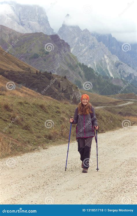 Tourist Girl At The Dolomites Stock Photo Image Of Backpacking