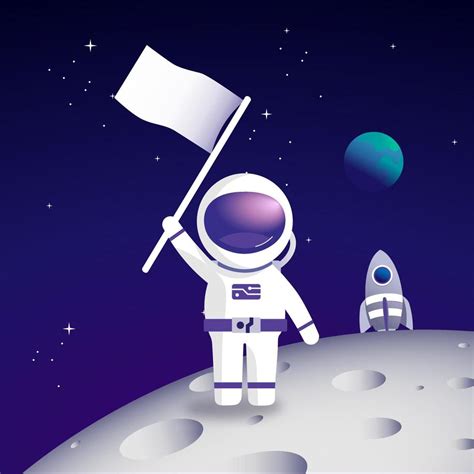 Vector Illustration Of Astronaut Landing With Flag On The Moon Mission