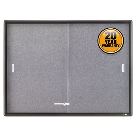 Quartet Enclosed Indoor Cork And Gray Fabric Bulletin Board With Two Sliding Glass Doors 48 X