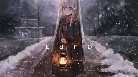 Download 1366x768 Anime Girl Lantern Snow White Hair Winter Path