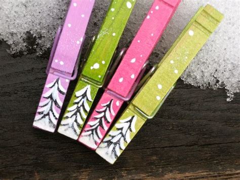 Snow Covered Tree Christmas Clothespins Magnetic Hand Painted Etsy