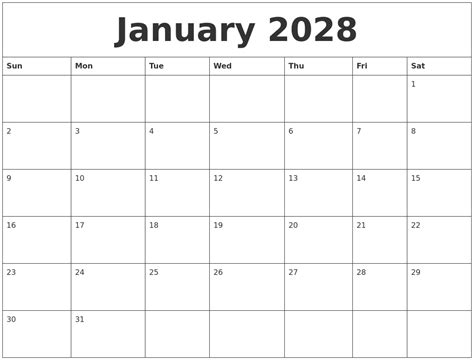 January 2028 Large Printable Calendar