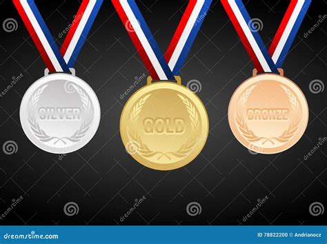 Set Of Gold Silver And Bronze Medals With Ribbons Stock Vector
