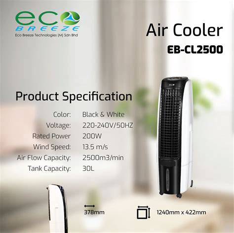 Ecobreeze Portable Air Cooler 30l Water Tank Powerful Wind Delivery