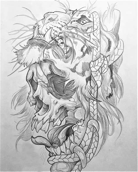 Tiger Head And Human Skull 1 Tattoo Drawings Sketches Japanese