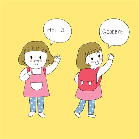 Cartoon Cute Student Girl Say Hello And Goodbye Vector Vector