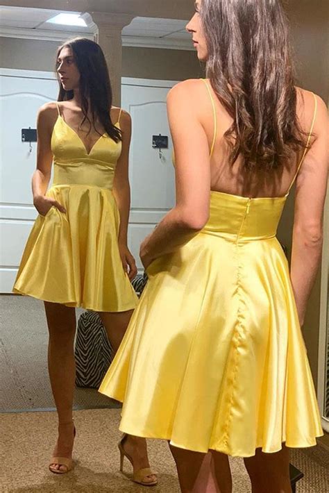 Cute A Line V Neck Backless Yellow Short Prom Dress Homecoming Dress W Abcprom
