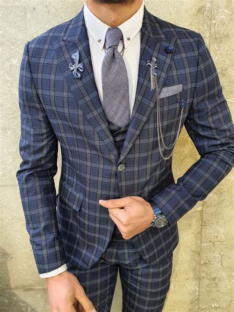 gentwith sheridan navy blue slim fit plaid check suit