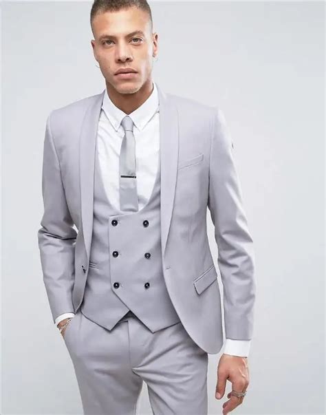 Latest Coat Pant Designs Grey Double Breasted Men Suit Slim Fit Piece