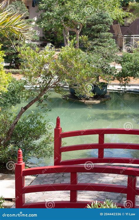 A Red Bridge At The Japanese Garden Stock Photo Image Of Stream