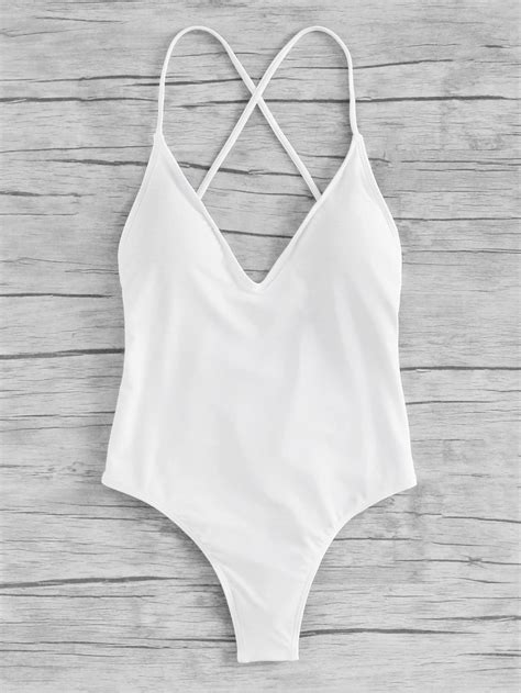 Shop Criss Cross Ruched Detail Swimsuit Online Shein Offers Criss Cross Ruched Detail Swimsuit
